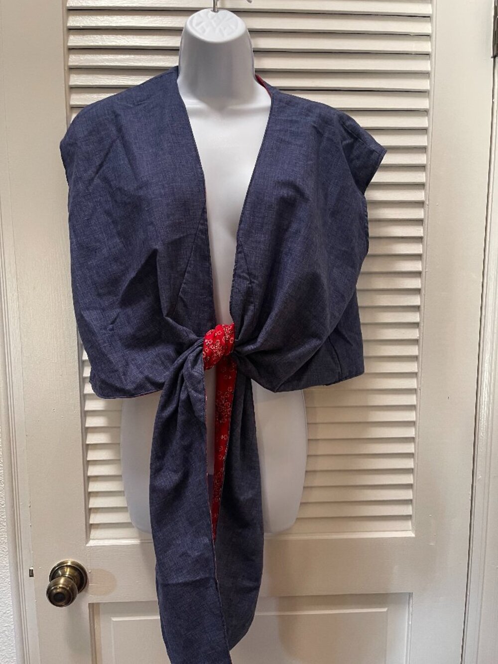 Handmade Reversible Blue & Red Floral Wrap Tie Top